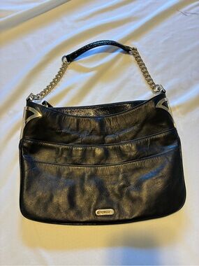 Mimco Black Leather Shoulder Bag with Gold Chain Handle. Comes with cross strap.